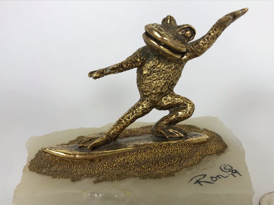Vintage 1979 Gold Tone Surfing Frog Sculpture Signed Ron 4W X 3D X 3H [Photo 4]