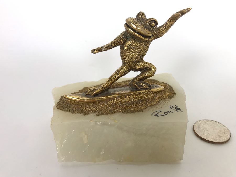 Vintage 1979 Gold Tone Surfing Frog Sculpture Signed Ron 4W X 3D X 3H