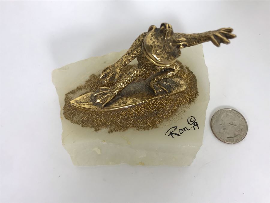 Vintage 1979 Gold Tone Surfing Frog Sculpture Signed Ron 4W X 3D X 3H [Photo 5]