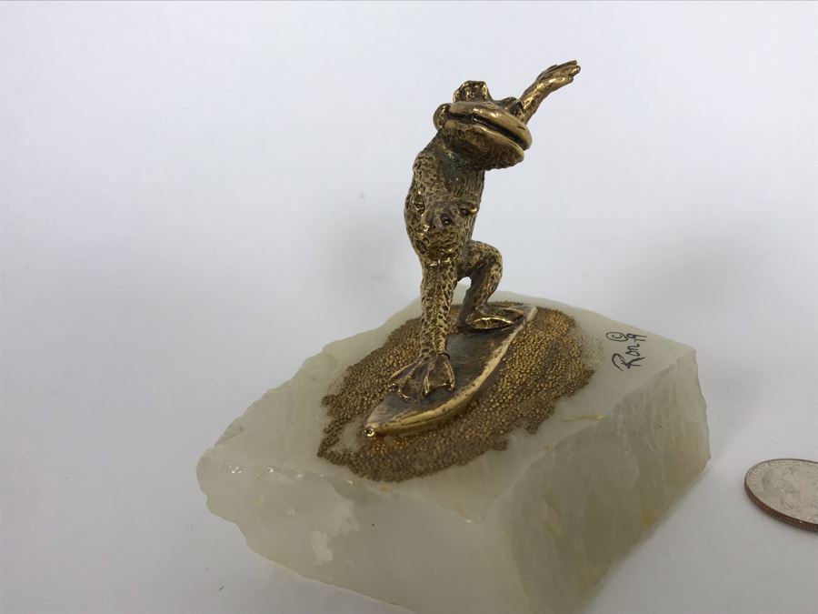 Vintage 1979 Gold Tone Surfing Frog Sculpture Signed Ron 4W X 3D X 3H [Photo 6]