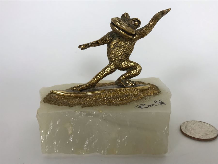 Vintage 1979 Gold Tone Surfing Frog Sculpture Signed Ron 4W X 3D X 3H [Photo 3]