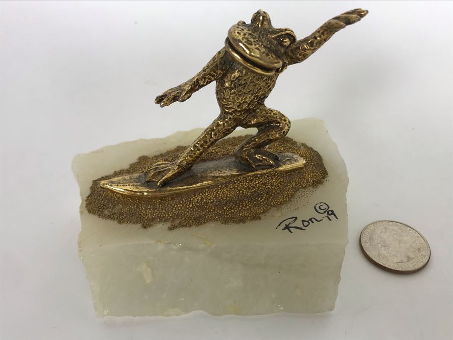 Vintage 1979 Gold Tone Surfing Frog Sculpture Signed Ron 4W X 3D X 3H [Photo 2]