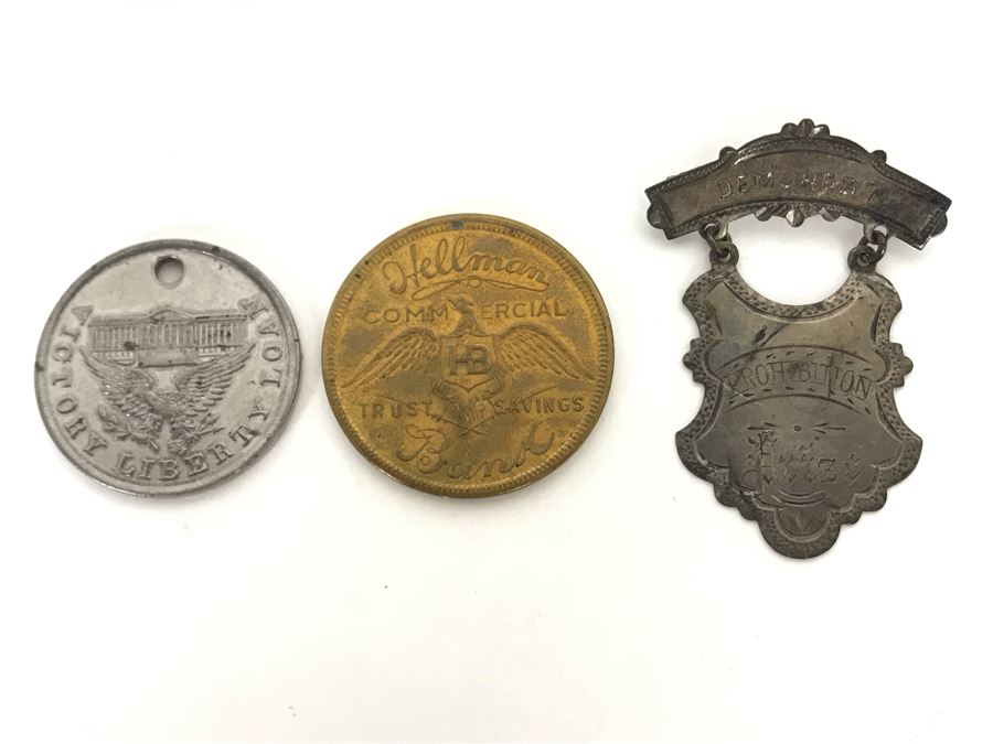 Medallion Awarded By The U.S. Treasury Department For Patriotic Service Made From Captured German Cannon, 1922 Pageant Of Progress Los Angeles Colosseum Token And Prohibition Prize Medal