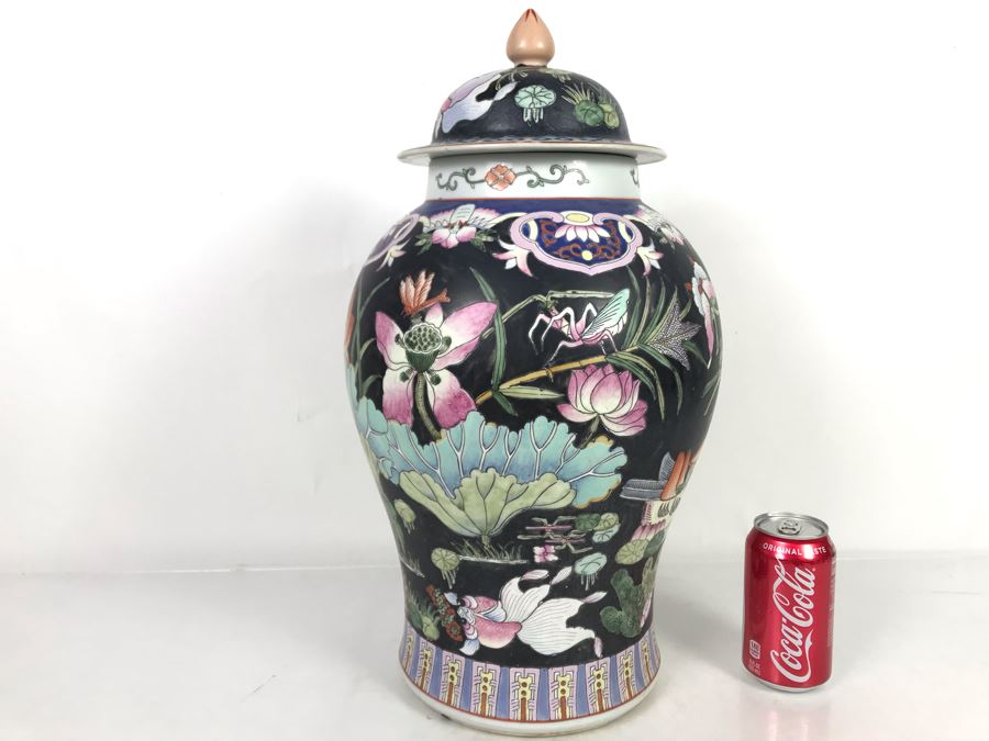 Large Chinese Lidded Porcelain Jar Made In Hong Kong 20H X 12W