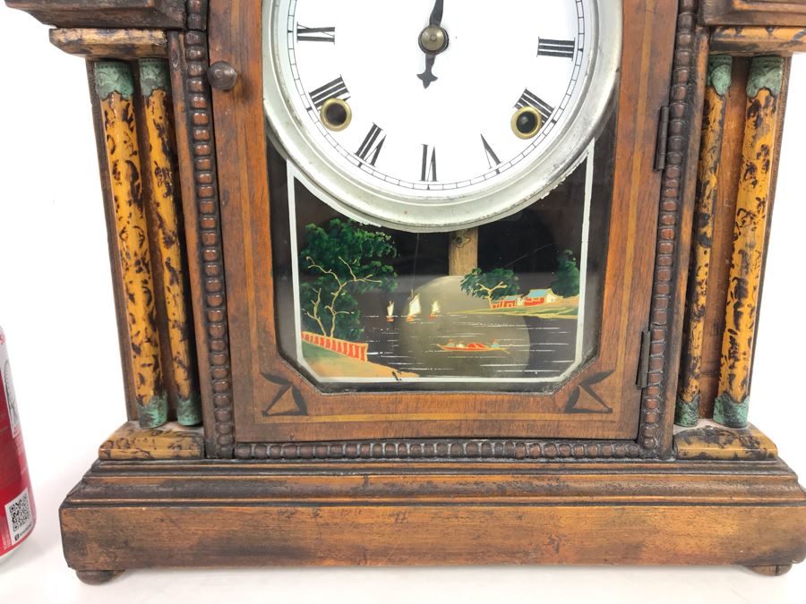 Wooden Mantle Clock With Reverse Painted Glass - Don't Have Correct Size Wind-Up Key So Hasn't Been Tested 13W X 5D X 14H [Photo 3]