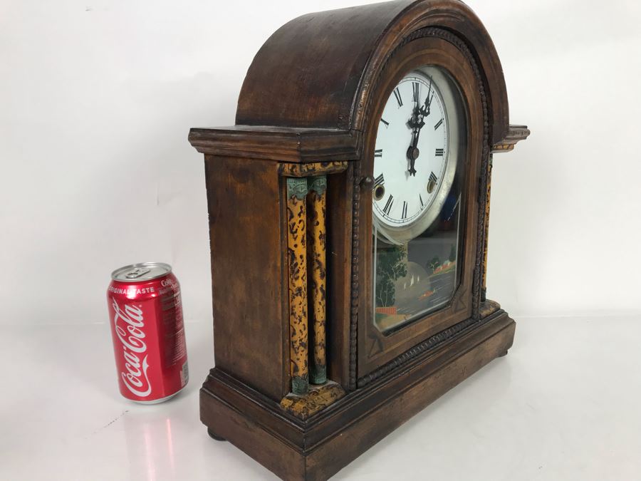 Wooden Mantle Clock With Reverse Painted Glass - Don't Have Correct Size Wind-Up Key So Hasn't Been Tested 13W X 5D X 14H [Photo 18]