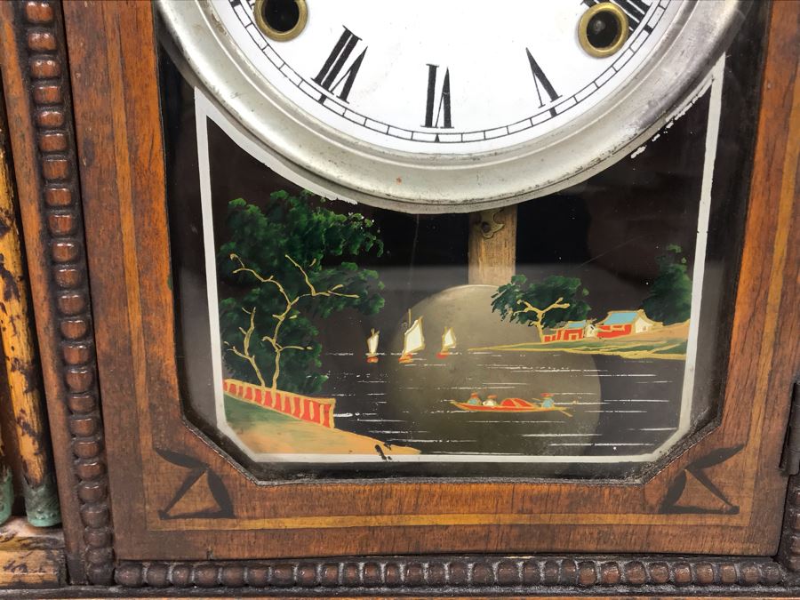 Wooden Mantle Clock With Reverse Painted Glass - Don't Have Correct Size Wind-Up Key So Hasn't Been Tested 13W X 5D X 14H [Photo 7]
