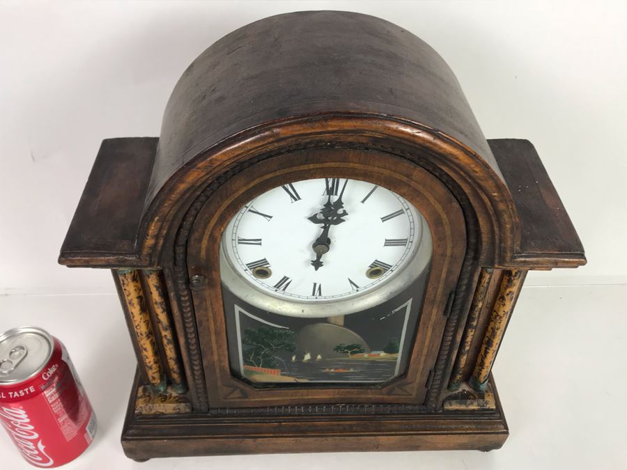 Wooden Mantle Clock With Reverse Painted Glass - Don't Have Correct Size Wind-Up Key So Hasn't Been Tested 13W X 5D X 14H [Photo 9]