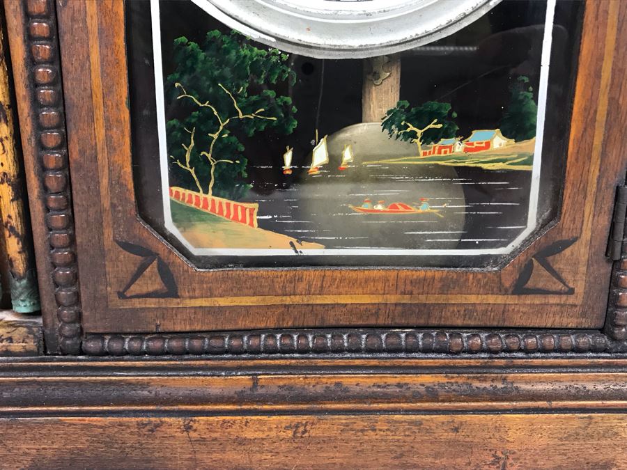 Wooden Mantle Clock With Reverse Painted Glass - Don't Have Correct Size Wind-Up Key So Hasn't Been Tested 13W X 5D X 14H [Photo 8]