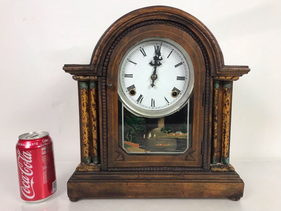 Wooden Mantle Clock With Reverse Painted Glass - Don't Have Correct Size Wind-Up Key So Hasn't Been Tested 13W X 5D X 14H [Photo 1]