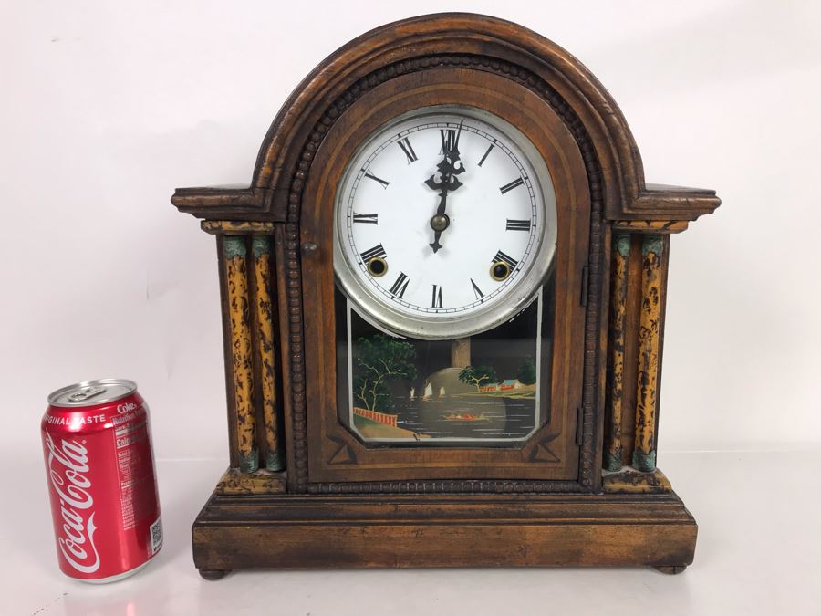 Wooden Mantle Clock With Reverse Painted Glass - Don't Have Correct Size Wind-Up Key So Hasn't Been Tested 13W X 5D X 14H [Photo 2]