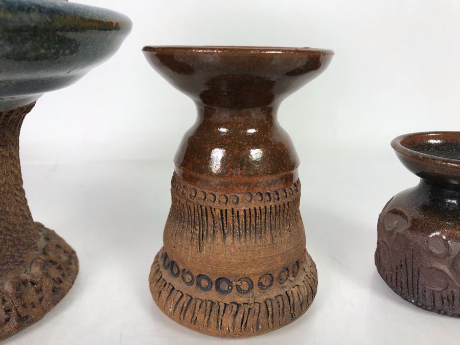 (3) Pieces Of Signed Joan Thorburn Art Pottery Candle Holders With Large Spicy Apple Botanical Candle 5H-3H [Photo 5]