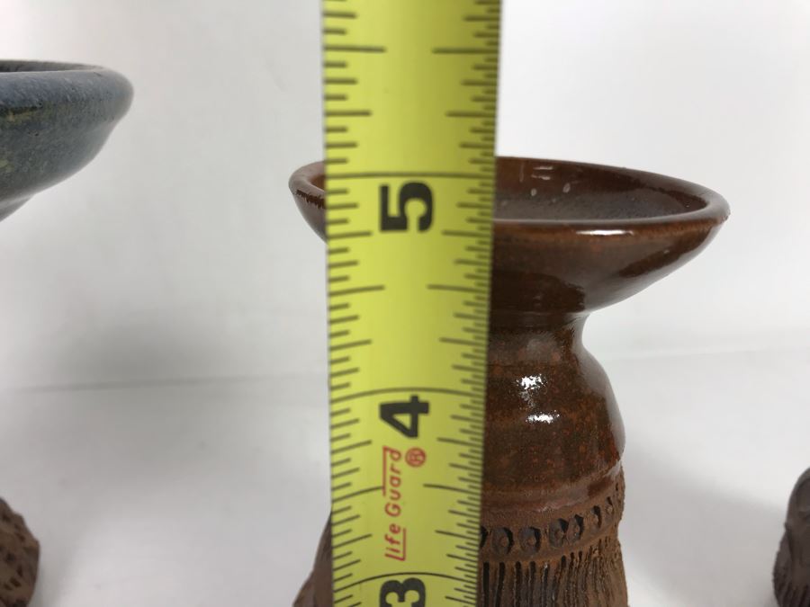 (3) Pieces Of Signed Joan Thorburn Art Pottery Candle Holders With Large Spicy Apple Botanical Candle 5H-3H [Photo 12]