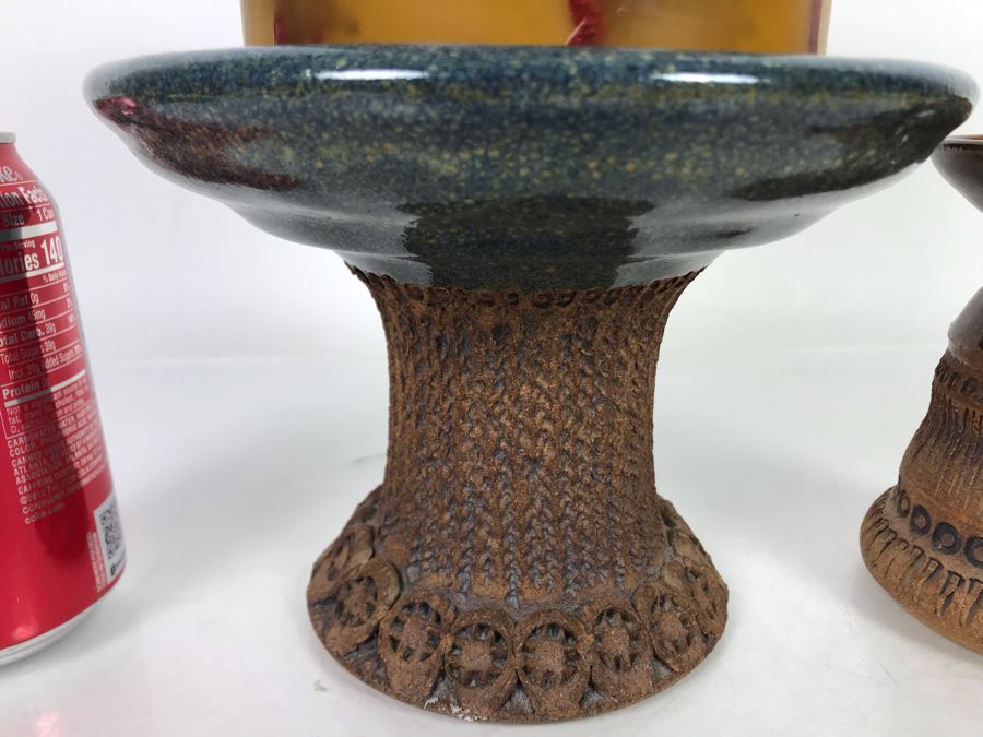 (3) Pieces Of Signed Joan Thorburn Art Pottery Candle Holders With Large Spicy Apple Botanical Candle 5H-3H [Photo 4]