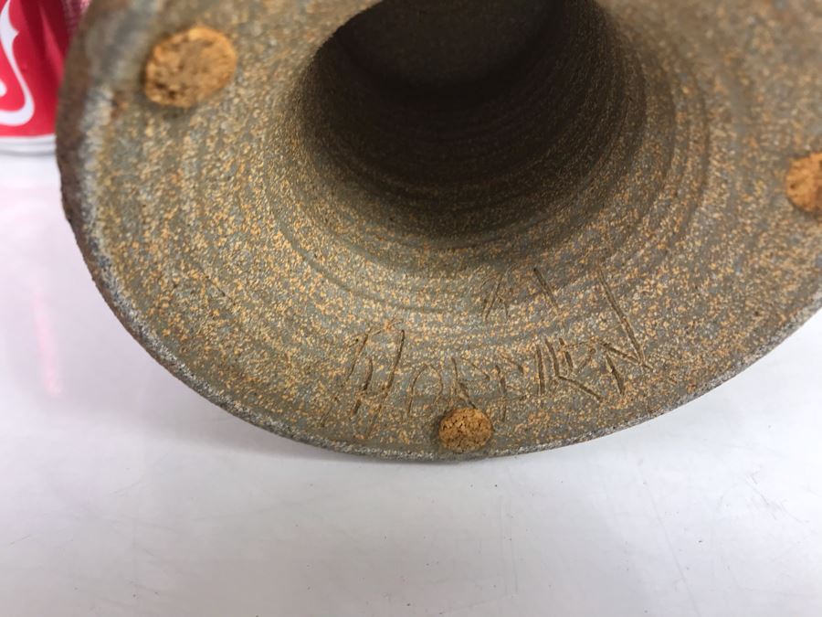 (3) Pieces Of Signed Joan Thorburn Art Pottery Candle Holders With Large Spicy Apple Botanical Candle 5H-3H [Photo 8]