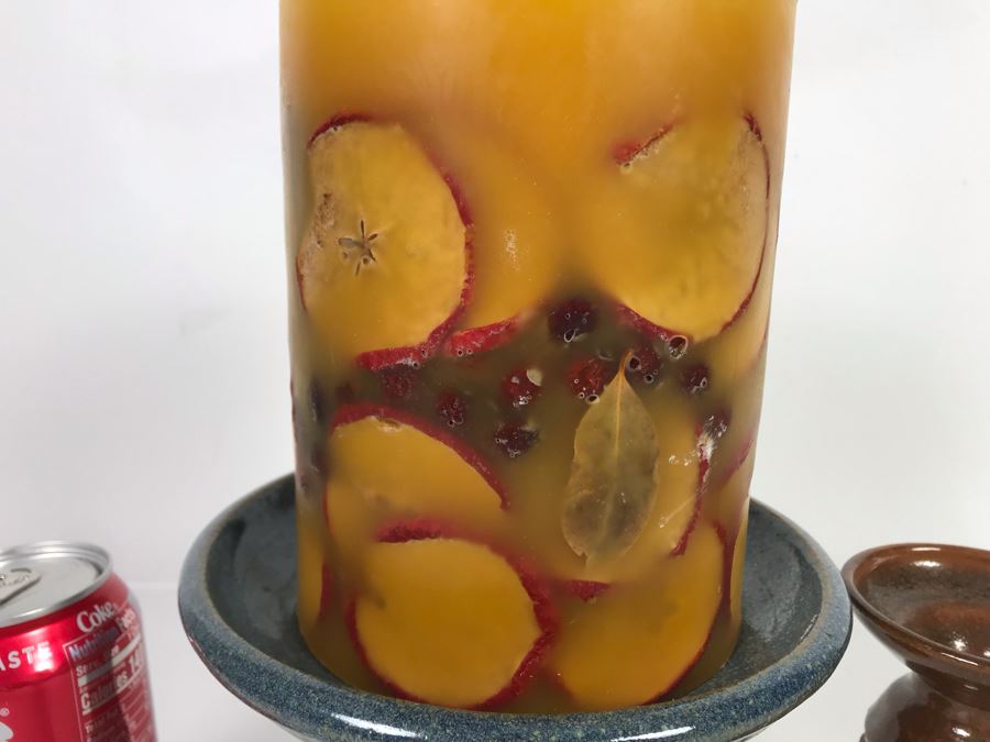 (3) Pieces Of Signed Joan Thorburn Art Pottery Candle Holders With Large Spicy Apple Botanical Candle 5H-3H [Photo 3]