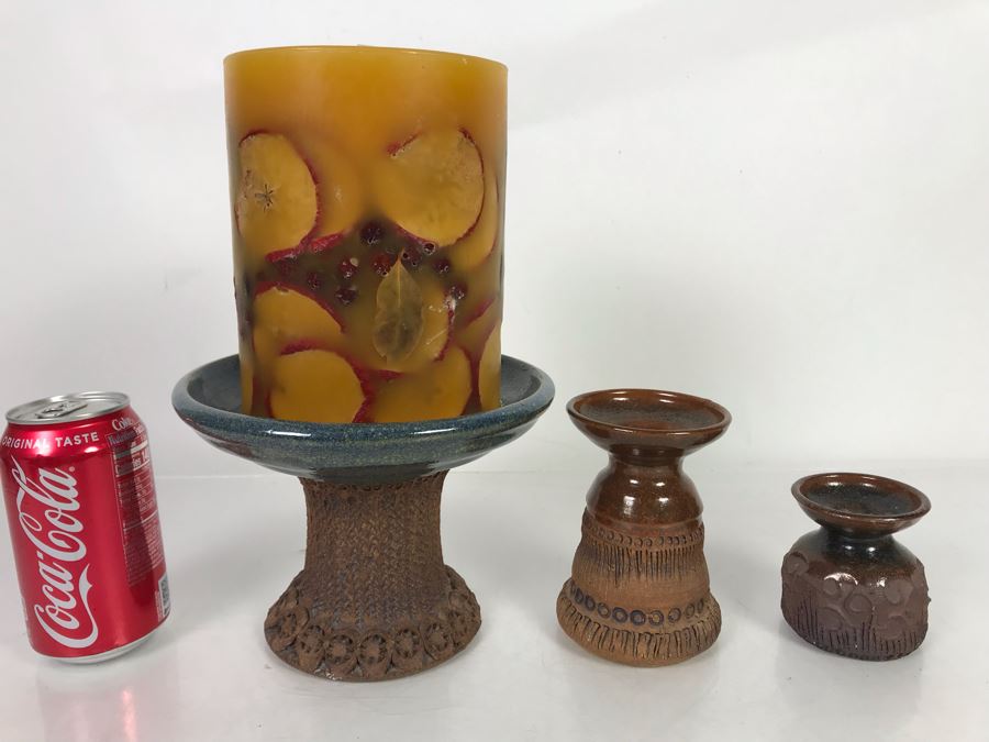 (3) Pieces Of Signed Joan Thorburn Art Pottery Candle Holders With Large Spicy Apple Botanical Candle 5H-3H