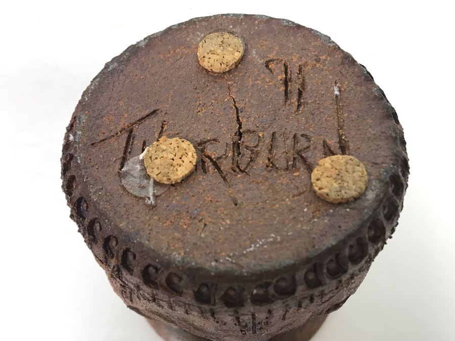 (3) Pieces Of Signed Joan Thorburn Art Pottery Candle Holders With Large Spicy Apple Botanical Candle 5H-3H [Photo 10]