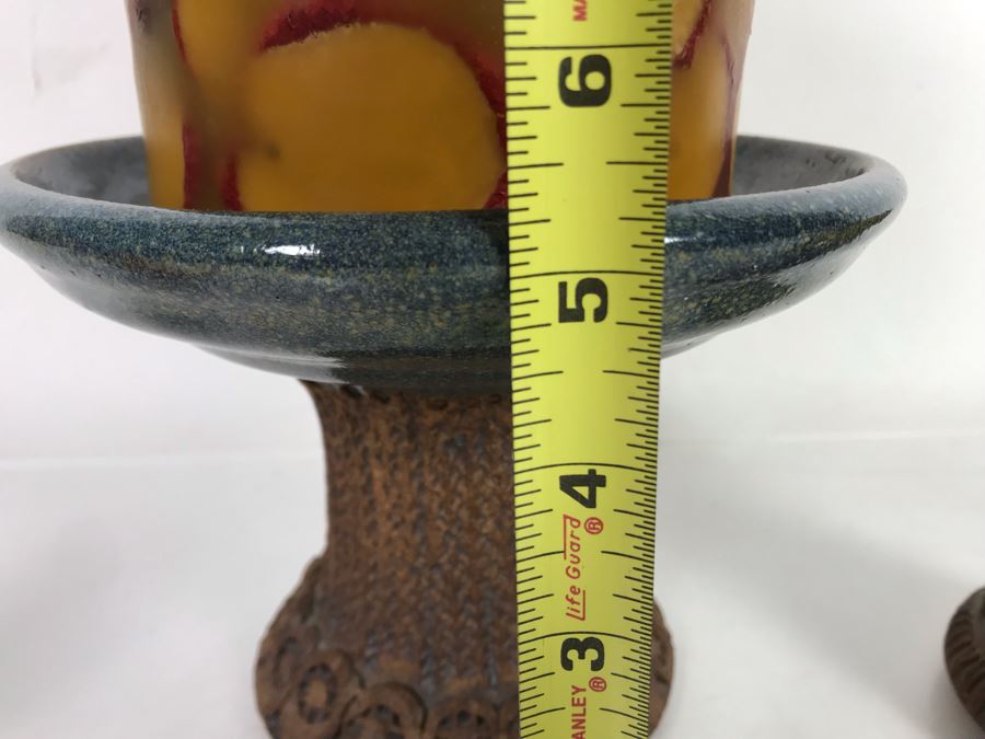 (3) Pieces Of Signed Joan Thorburn Art Pottery Candle Holders With Large Spicy Apple Botanical Candle 5H-3H [Photo 11]