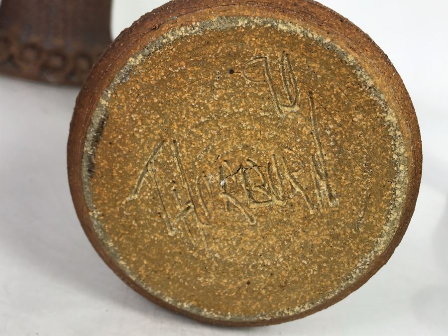 (3) Pieces Of Signed Joan Thorburn Art Pottery Candle Holders With Large Spicy Apple Botanical Candle 5H-3H [Photo 9]