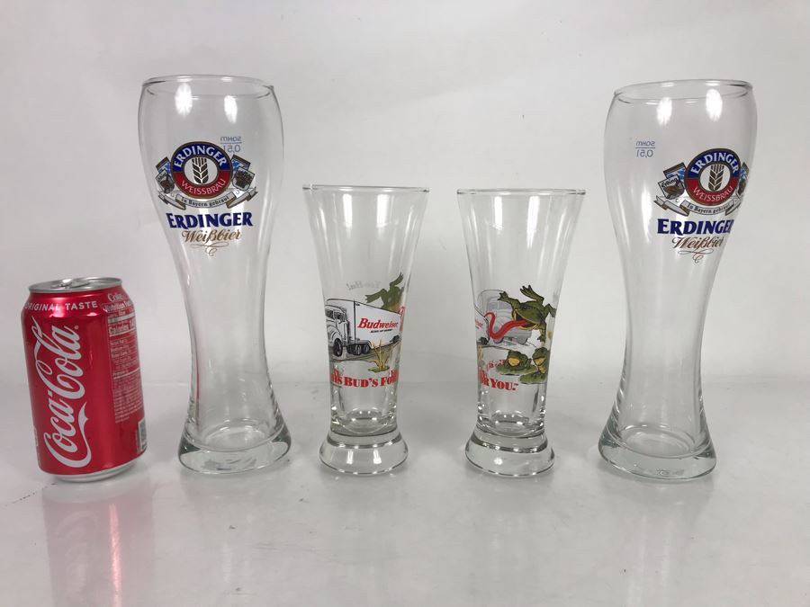Pair Of Erdinger Beer Glasses And Pair Of Budweiser Advertising Beer Glasses