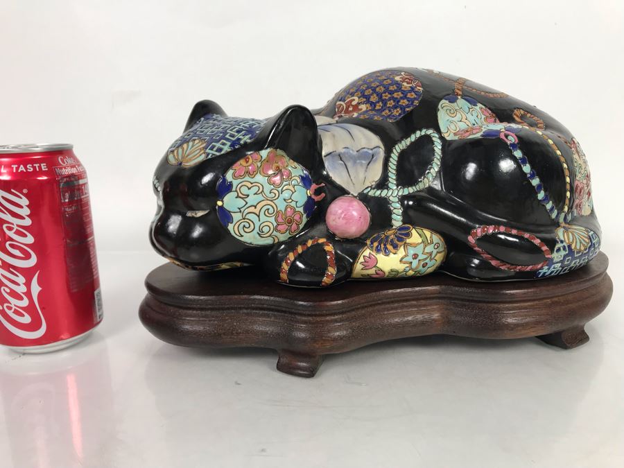 Large Chinese Porcelain Cat Sculpture Figurine With Custom Wooden Stand