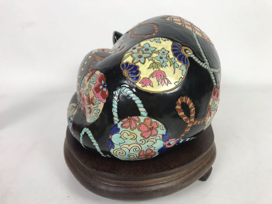 Large Chinese Porcelain Cat Sculpture Figurine With Custom Wooden Stand 14W X 8D X 7.5H [Photo 6]