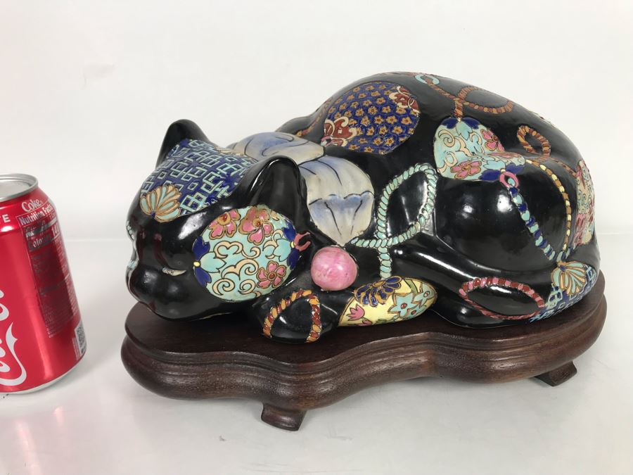 Large Chinese Porcelain Cat Sculpture Figurine With Custom Wooden Stand 14W X 8D X 7.5H
