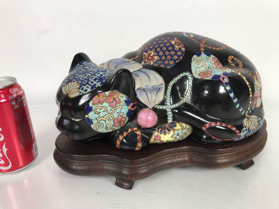 Large Chinese Porcelain Cat Sculpture Figurine With Custom Wooden Stand