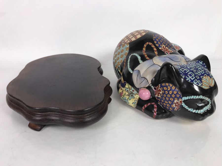 Large Chinese Porcelain Cat Sculpture Figurine With Custom Wooden Stand 14W X 8D X 7.5H [Photo 9]