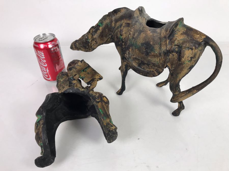 Heavy Japanese Gilded Metal Sculpture Of Scholar Man Riding Horse (2 Pieces) 14W X 7D X 14.5H [Photo 11]