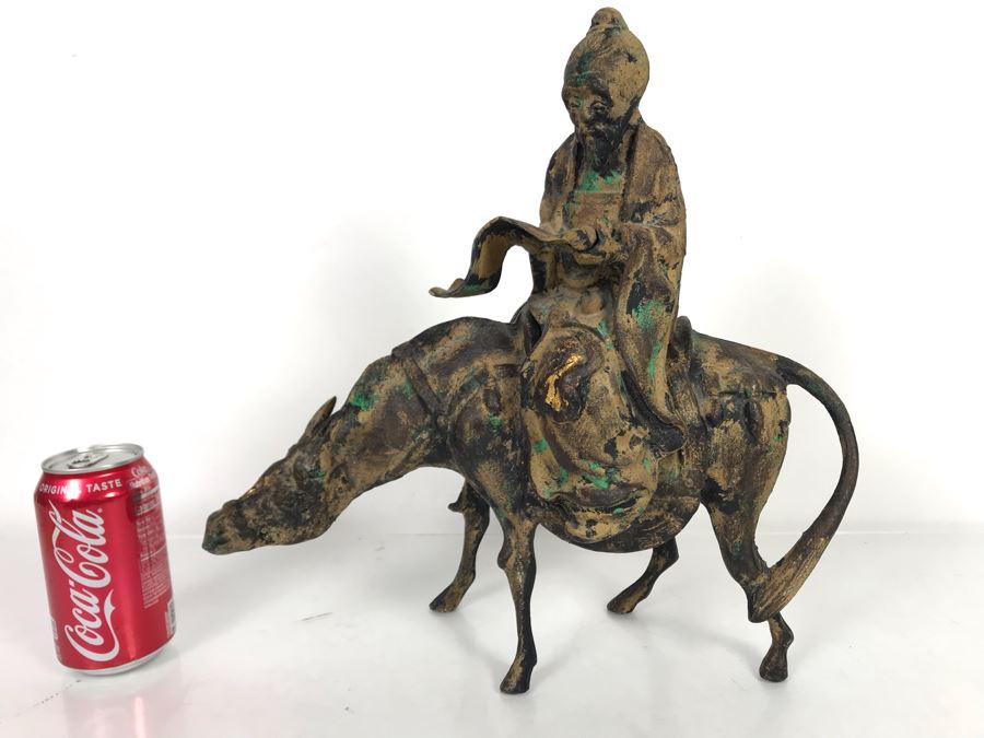 Heavy Japanese Gilded Metal Sculpture Of Scholar Man Riding Horse (2 Pieces) 14W X 7D X 14.5H