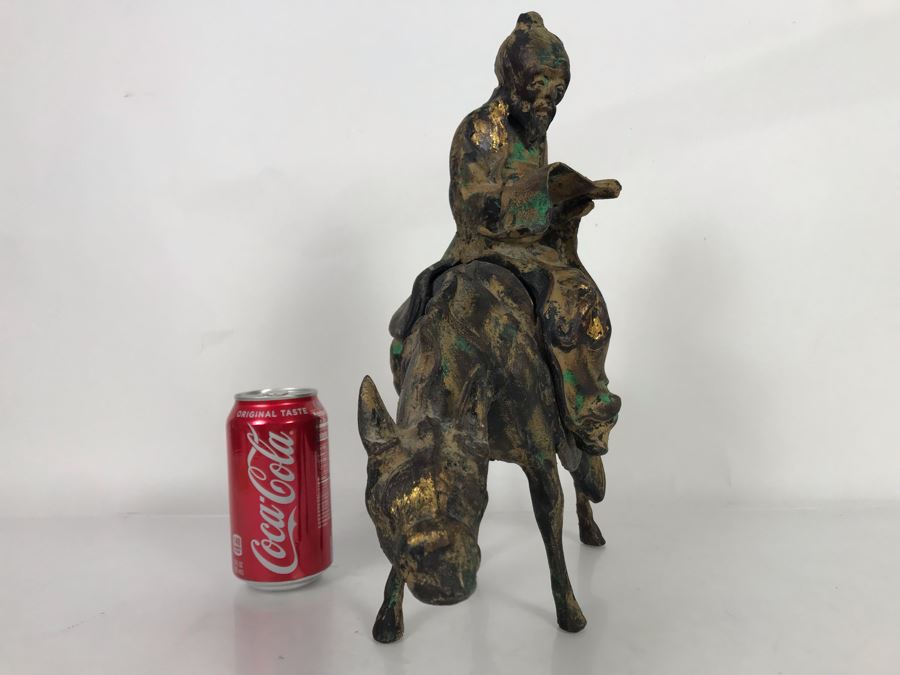 Heavy Japanese Gilded Metal Sculpture Of Scholar Man Riding Horse (2 Pieces) 14W X 7D X 14.5H [Photo 8]