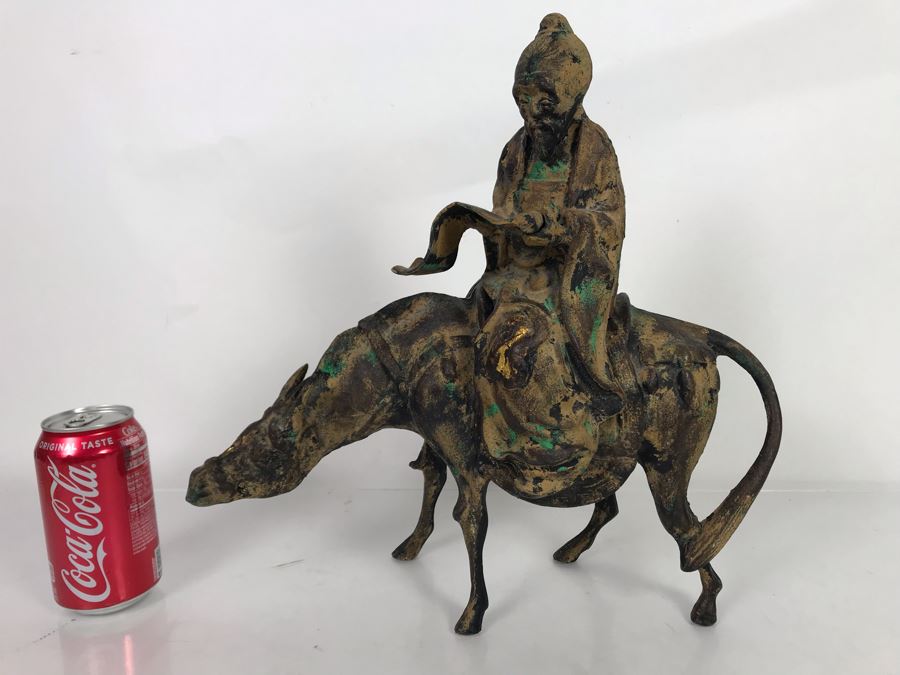 Heavy Japanese Gilded Metal Sculpture Of Scholar Man Riding Horse (2 Pieces) 14W X 7D X 14.5H [Photo 2]