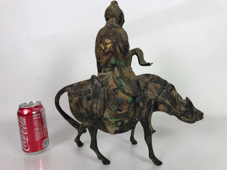 Heavy Japanese Gilded Metal Sculpture Of Scholar Man Riding Horse (2 Pieces) 14W X 7D X 14.5H [Photo 9]