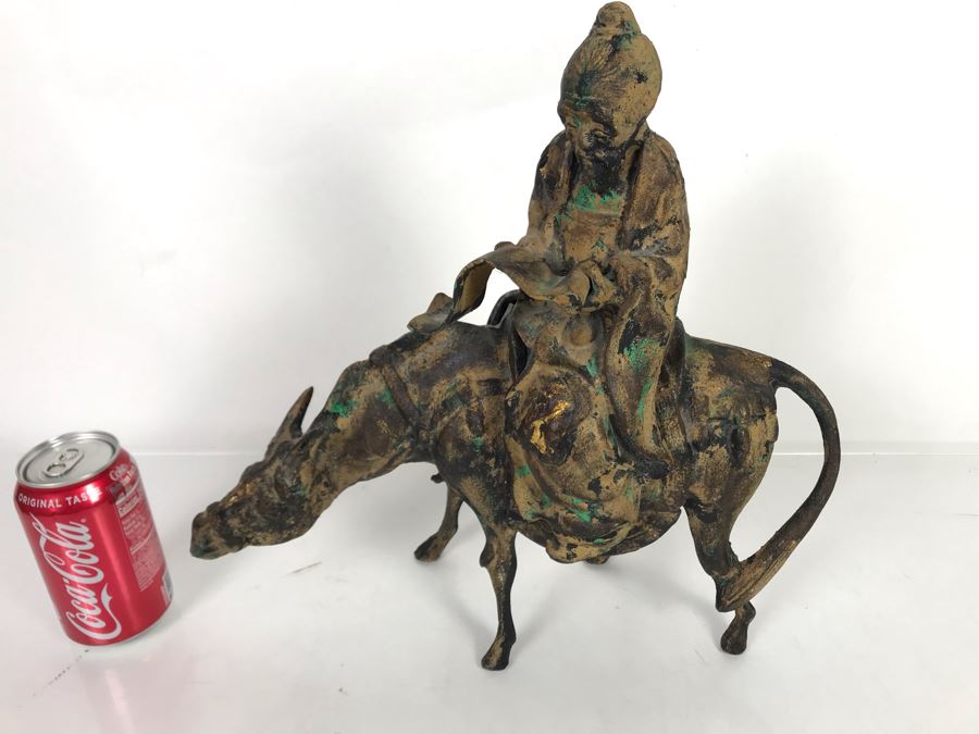 Heavy Japanese Gilded Metal Sculpture Of Scholar Man Riding Horse (2 Pieces) 14W X 7D X 14.5H [Photo 3]