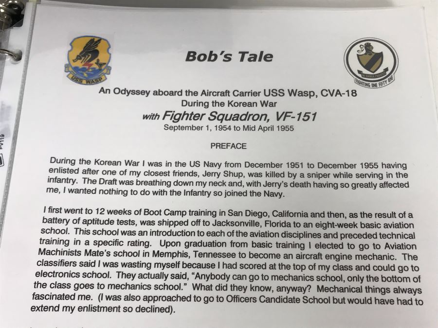 Detailed Firsthand Account Of Korean War Featuring Exclusive Photos Aboard Aircraft Carrier USS Wasp CVA-18 With Fighter Squadron VF-151, Framed Sticker From Fighter Squadron VF-151 And Framed B&W Photograph - See Photos For Sampling [Photo 9]