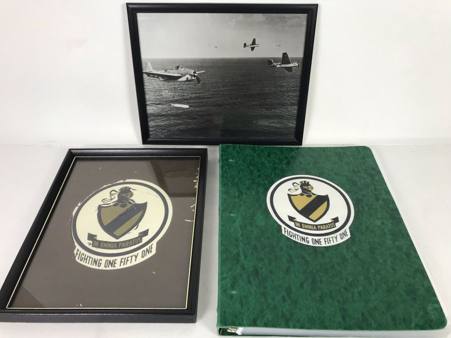 Detailed Firsthand Account Of Korean War Featuring Exclusive Photos Aboard Aircraft Carrier USS Wasp CVA-18 With Fighter Squadron VF-151, Framed Sticker From Fighter Squadron VF-151 And Framed B&W Photograph - See Photos For Sampling