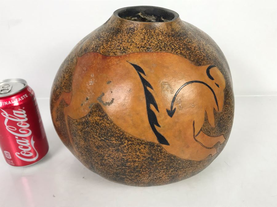 Hand Carved Gourd Artwork With Buffalo 10W X 8H [Photo 3]