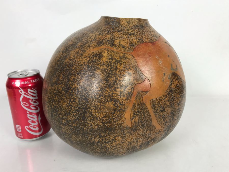 Hand Carved Gourd Artwork With Buffalo 10W X 8H [Photo 7]