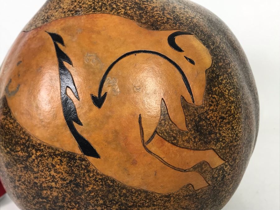 Hand Carved Gourd Artwork With Buffalo 10W X 8H [Photo 4]
