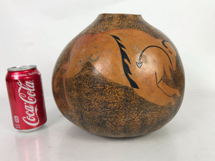 Hand Carved Gourd Artwork With Buffalo 10W X 8H [Photo 2]