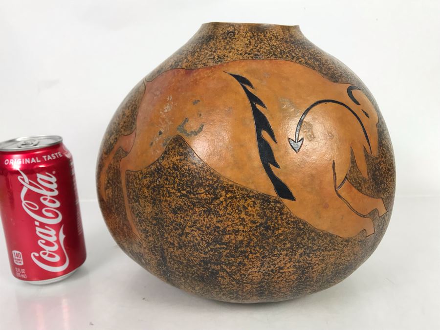 Hand Carved Gourd Artwork With Buffalo 10W X 8H [Photo 1]