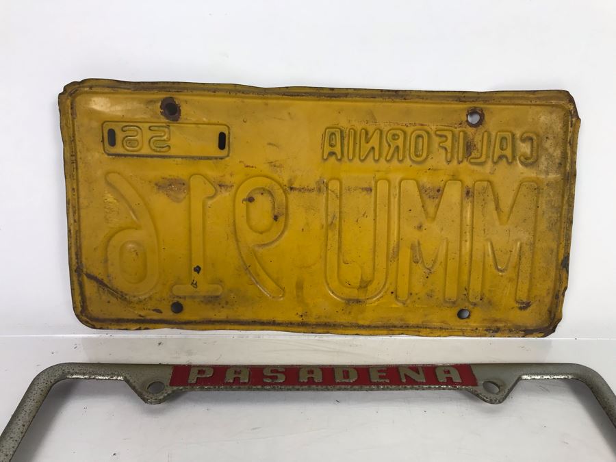 Vintage 1958 Yellow California License Plate With Pasadena Foothill Motors License Plate Frame [Photo 7]