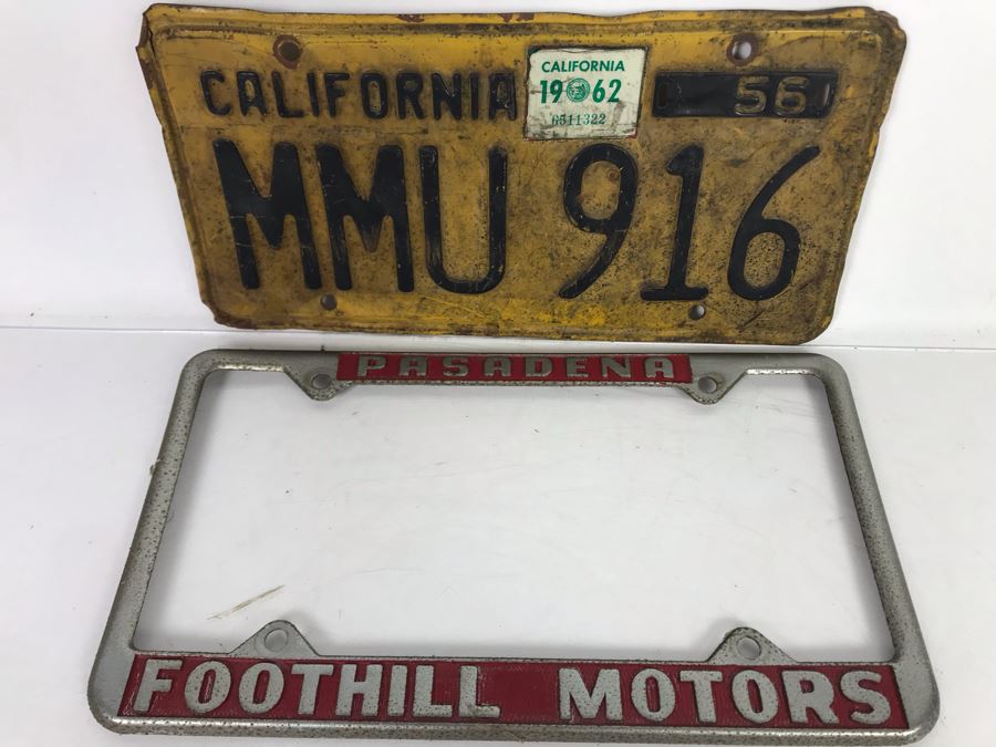 Vintage 1958 Yellow California License Plate With Pasadena Foothill Motors License Plate Frame [Photo 2]