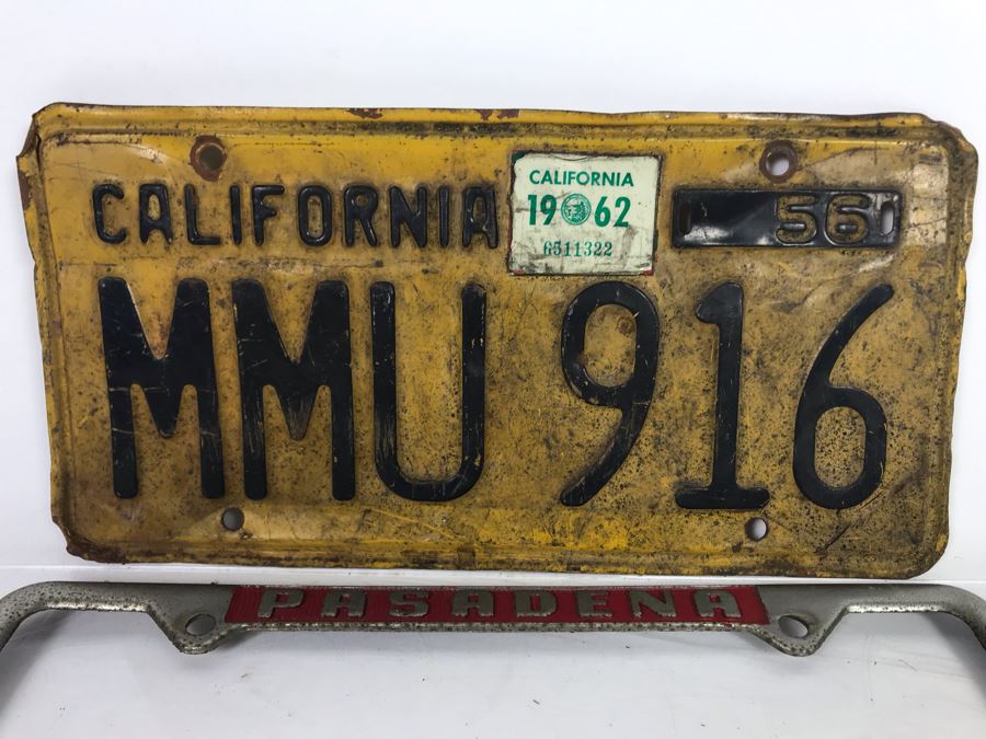 Vintage 1958 Yellow California License Plate With Pasadena Foothill Motors License Plate Frame [Photo 3]