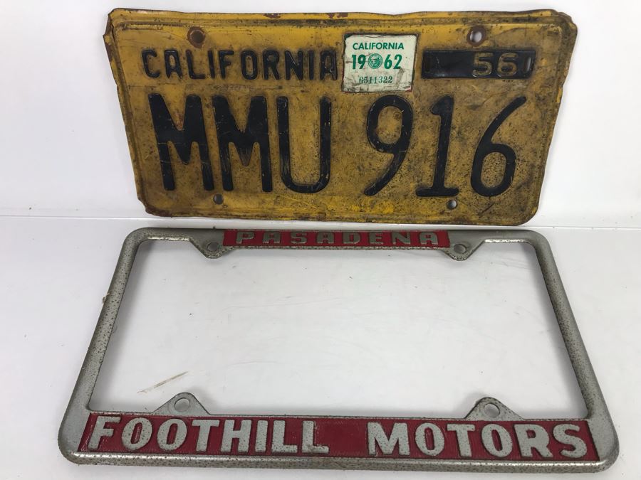 Vintage 1958 Yellow California License Plate With Pasadena Foothill Motors License Plate Frame [Photo 1]