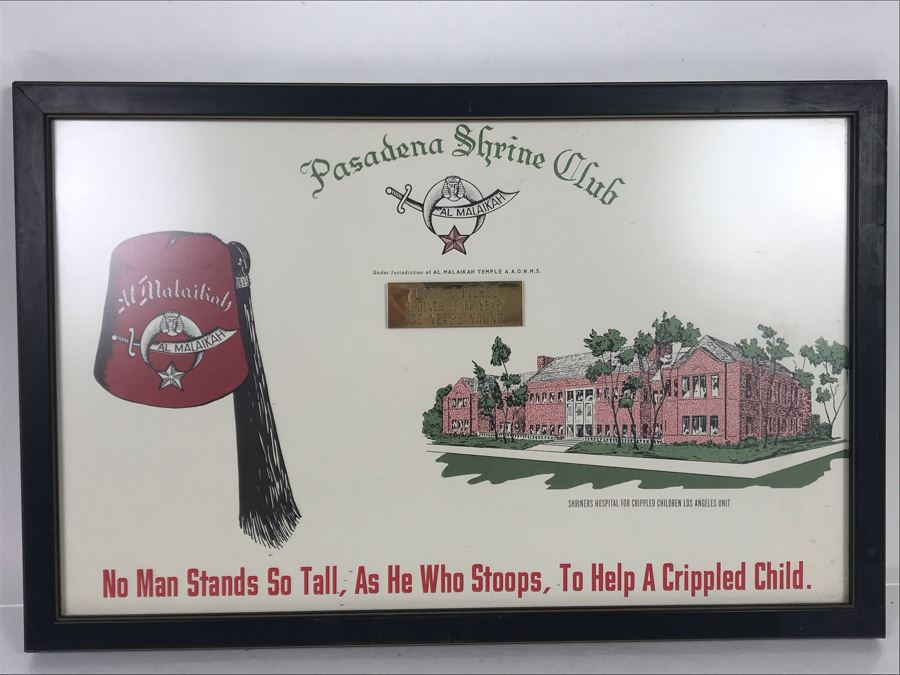 Framed Pasadena Shrine Club Certificate With Custom Brass Nameplate: Frank J. Pierce Shriner Of The Year 100 Years Young 18.5W X 12H [Photo 1]