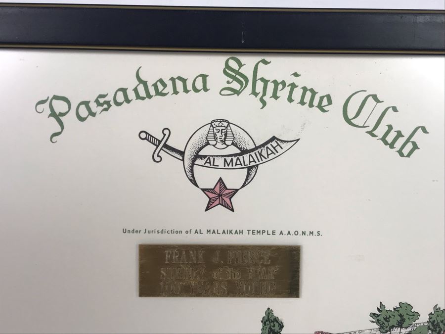 Framed Pasadena Shrine Club Certificate With Custom Brass Nameplate: Frank J. Pierce Shriner Of The Year 100 Years Young 18.5W X 12H [Photo 4]