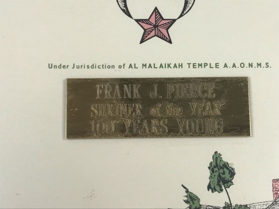 Framed Pasadena Shrine Club Certificate With Custom Brass Nameplate: Frank J. Pierce Shriner Of The Year 100 Years Young 18.5W X 12H [Photo 3]